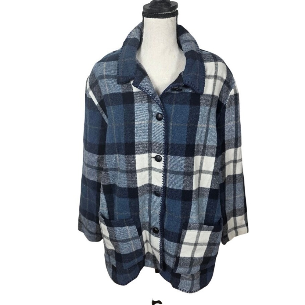 Vtg Jamie Wool Plaid Button‎ Front Jacket Coat Blue White Black Sz Med